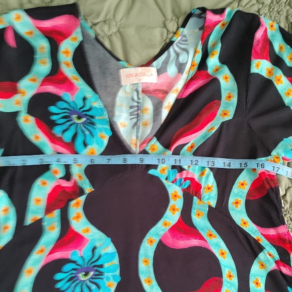 V-Neck Black Mini Dress with Turquoise & Coral Wave Print - Picture 13 of 14